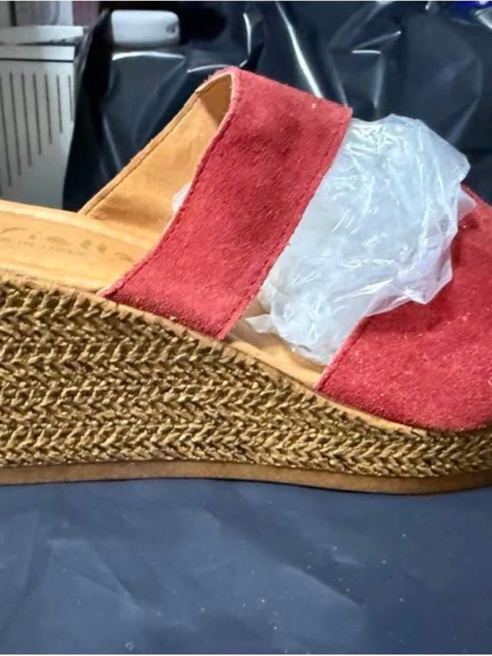 Women's Red Suede Wedge Slide Sandals with Braided Espadrille Sole